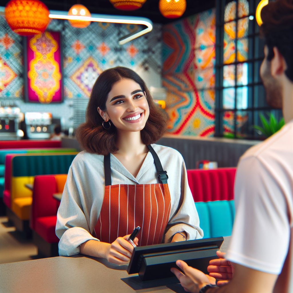 A friendly customer service representative assisting a customer