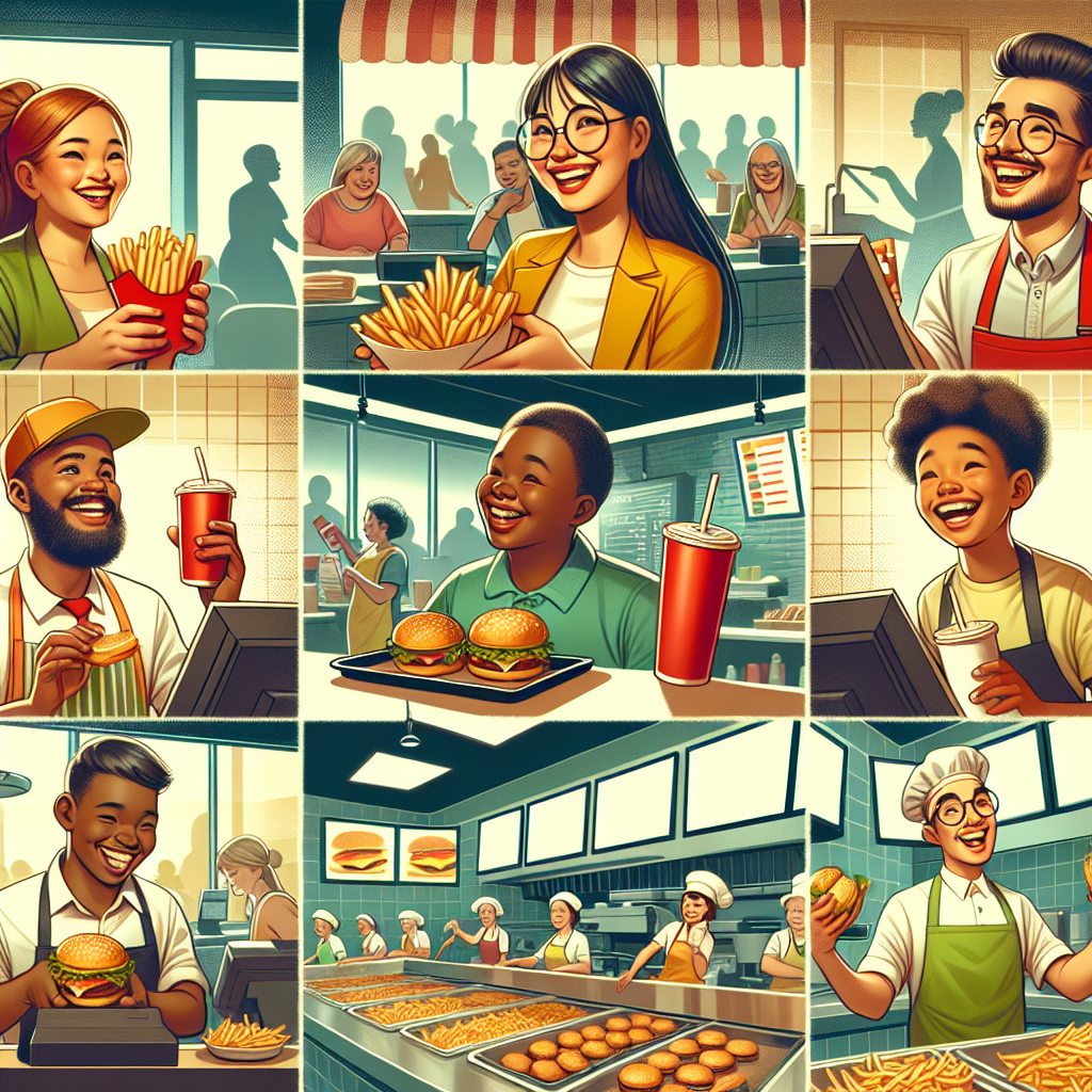 Fast food restaurant scene with customers and staff